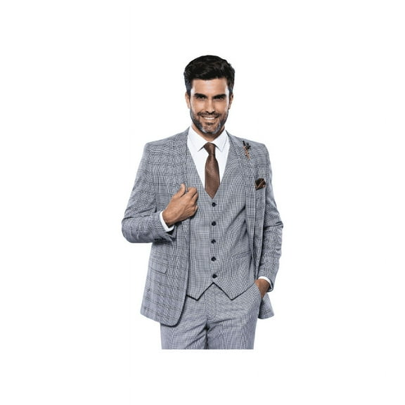 Men 3pc Vest Suit WESSI by J.VALINTIN Extra Slim Fit JV42 Blue Plaid TURKEY USA