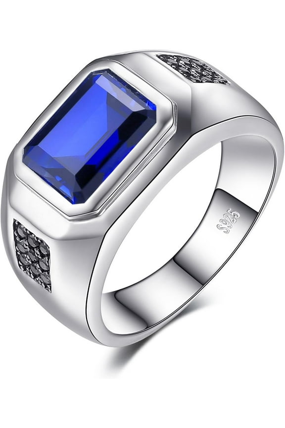 Men 4.3ct Created Blue Sapphire Anniversary Wedding Ring for Men, 14K White Gold Plated 925 Sterling Silver Promise Rings, Fashion Gemstone Jewelry Gift for Men 12