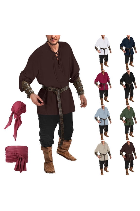 Men 4 Piece Renaissance Viking Medieval Outfit Set Pirate Lace Up Linen Shirt Pants Headband Loose Blue XL