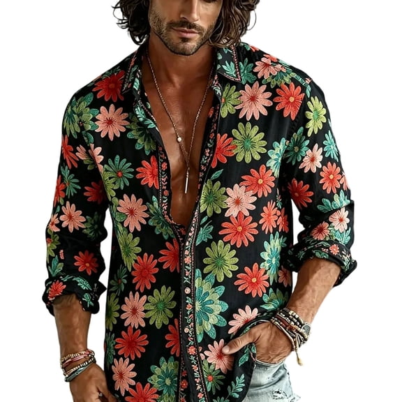 Men 60s 70s Outfits Disco Hippie Floral Shirts Vintage Casual Paisley Pattern Long Sleeve Print Retro Button Down