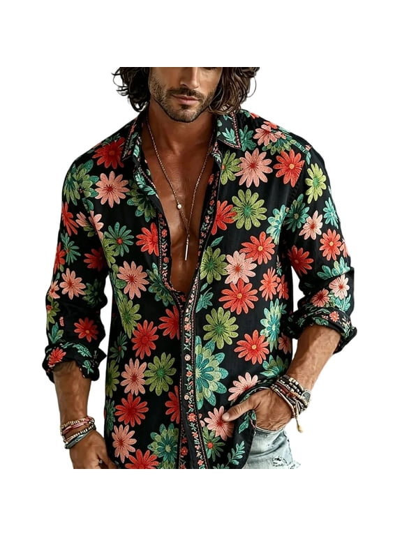 Men 60s 70s Outfits Disco Hippie Floral Shirts Vintage Casual Paisley Pattern Long Sleeve Print Retro Button Down