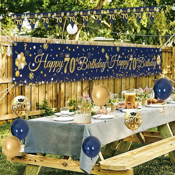 Men 70th Birthday Decorations, Navy Blue Gold Happy 70th Birthday Yard Banner, Happy 70th Birthday Balloons for Father Husband Grandpa 70th Anniversary Birthday Party Supplies