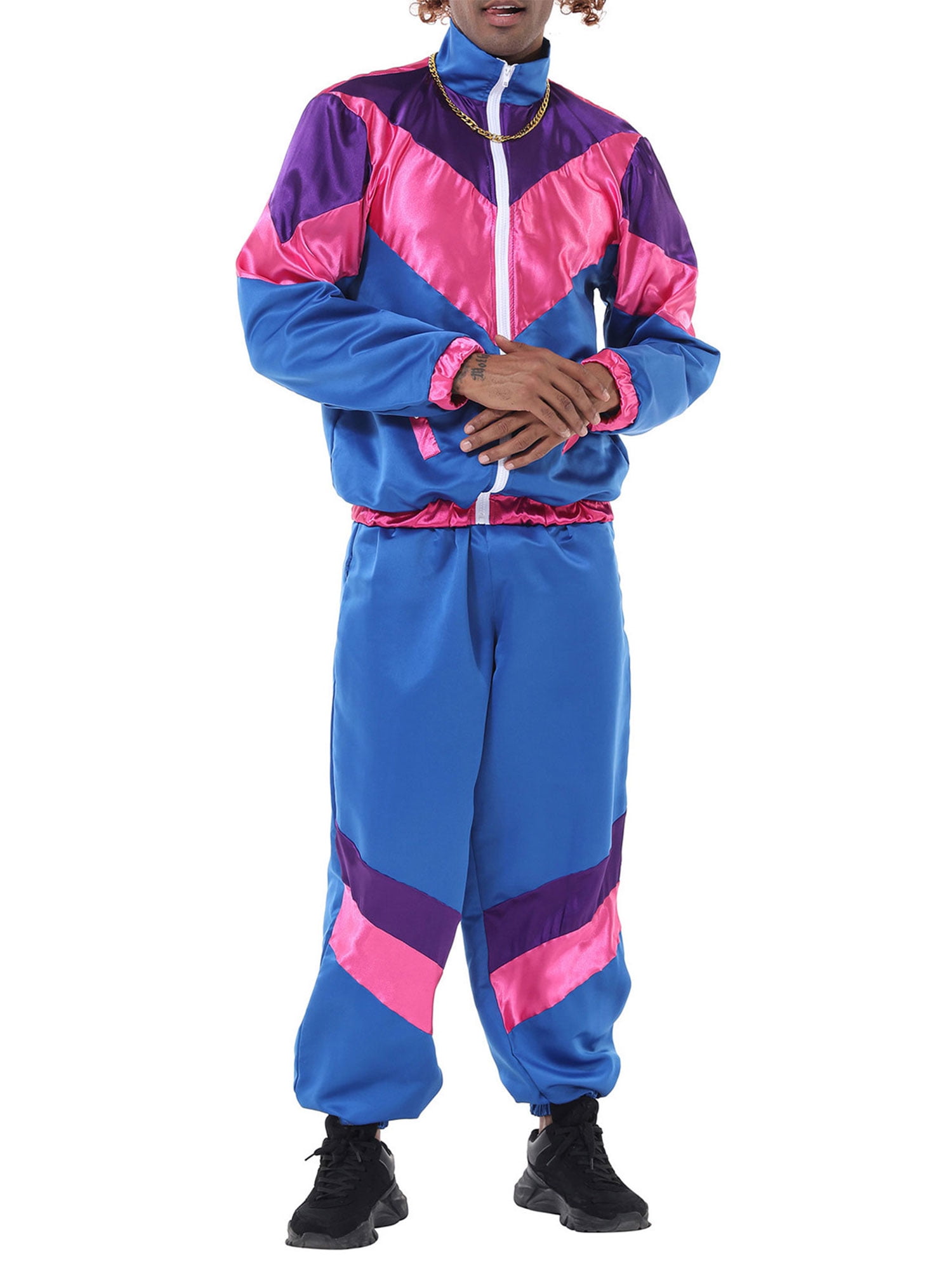 Men 80s Outfit, Contrast Color Zip-up Jacket Pants Hiphop Costume 