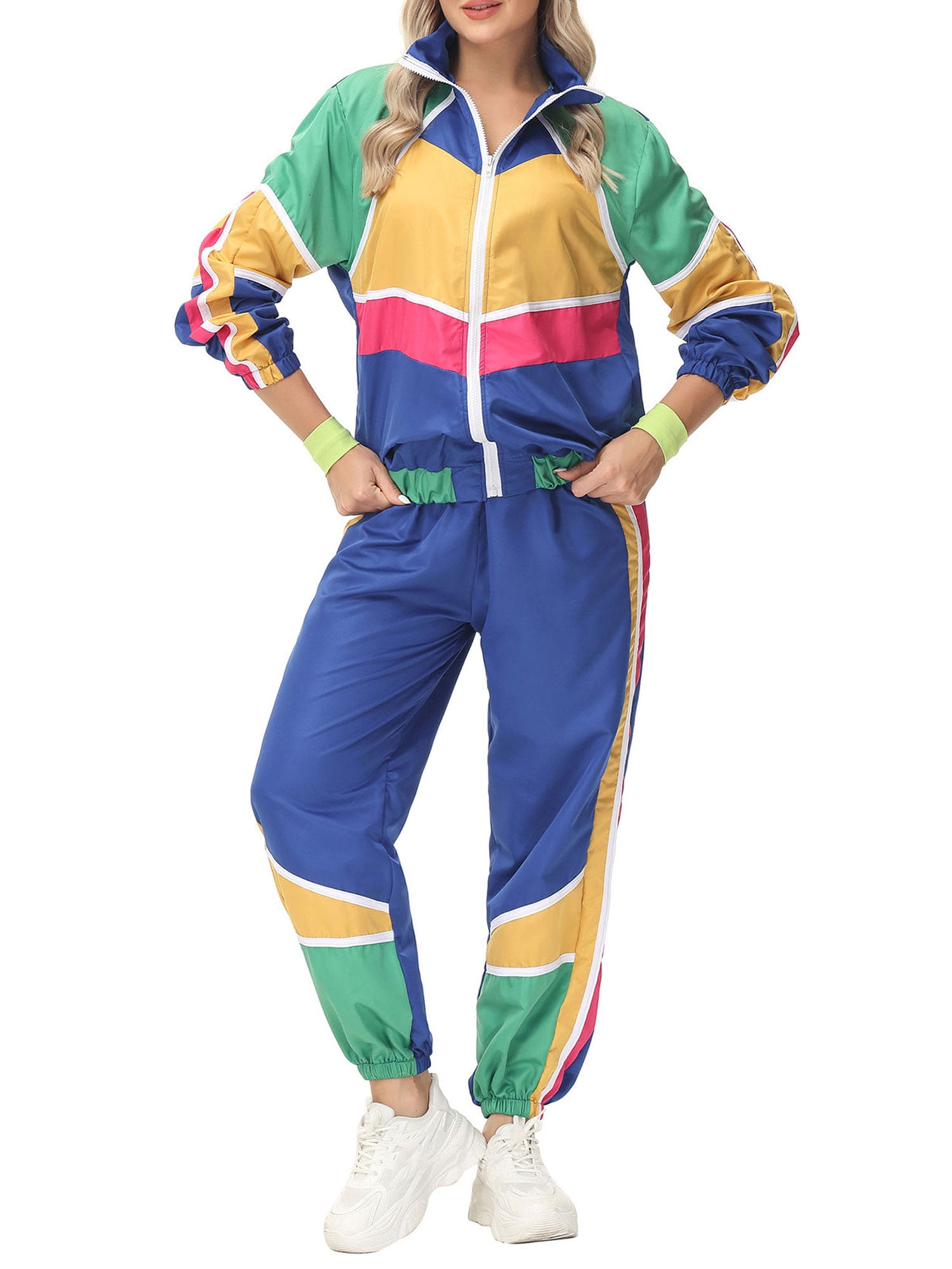 Men 80s Outfit Contrast Color Zip up Jacket Pants Hiphop Costume