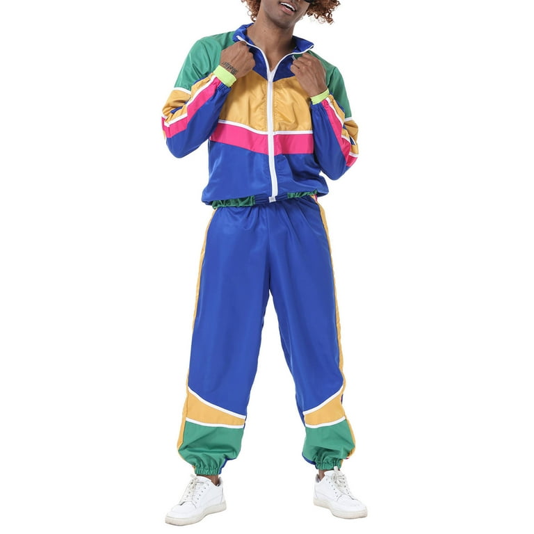 Men 80s Outfit, Contrast Color Zip-up Jacket Pants Hiphop Costume 