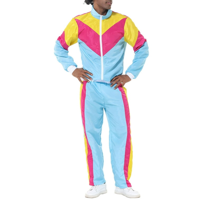 Men 80s Outfit, Contrast Color Zip-up Jacket Pants Hiphop Costume