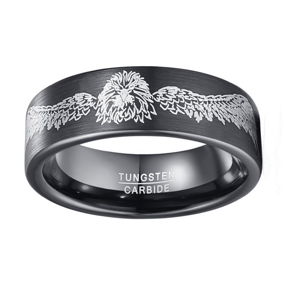 Men 8mm Tungsten Carbide Plating Black Ring Laser Winged Lion Pattern