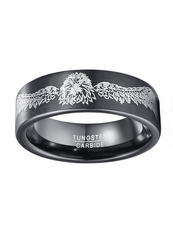 Men 8mm Tungsten Carbide Plating Black Ring Laser Winged Lion Pattern