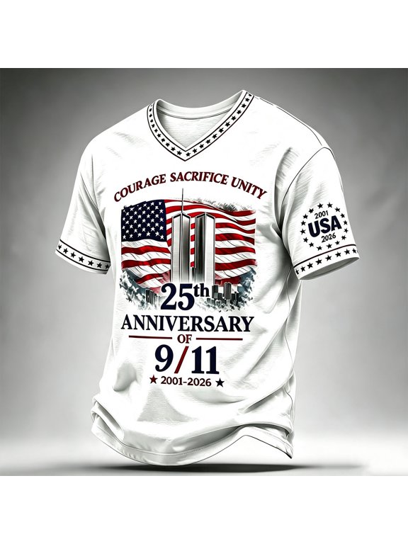 Men 911 25th Memorial Shirts American Flag Print V Neck Short Sleeve Tops Never Forget 911 Graphic Shirts,American Flag Patriotic T-Shirts