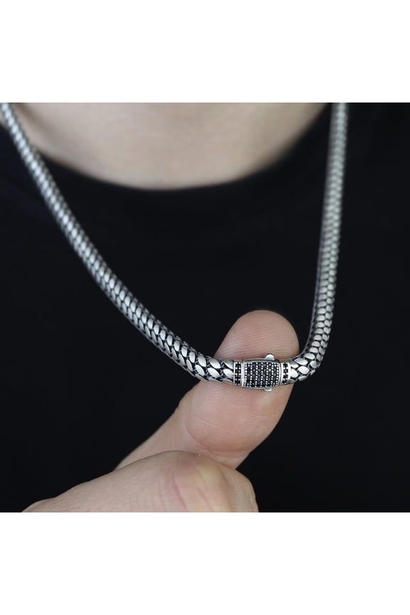 Men 925 Silver Popcorn Chain, Black Onyx Stone Men Chain, Solid Silver Snake Chain Necklace, Gift For Men, Father Day Gift