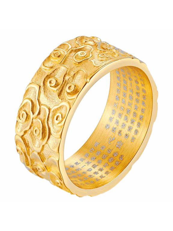 Men 9mm Wide Stainless Steel Band Engrave Auspicious Clouds The Heart Sutra Buddhist Gold Ring