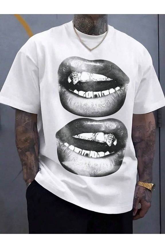 Men A White Street Style Tee Short Sleeve Top With Black And White Mouth Pattern, Suitable For Summer, Funny, For Going Out