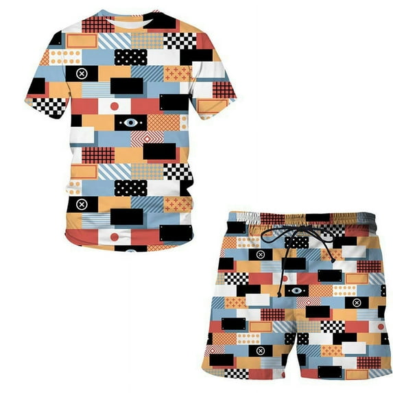 Men Abstract Geometric 3D Digital Printing Tracksuit Set 2 Piece Outfit Jogging Set Quick Dry Shorts and Short Sleeve Shirt Set