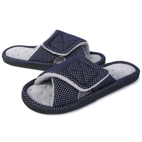 Men Adjustable Arch Support Slippers, Memory Foam Fuzzy Open Toe Velcro Flat Slides