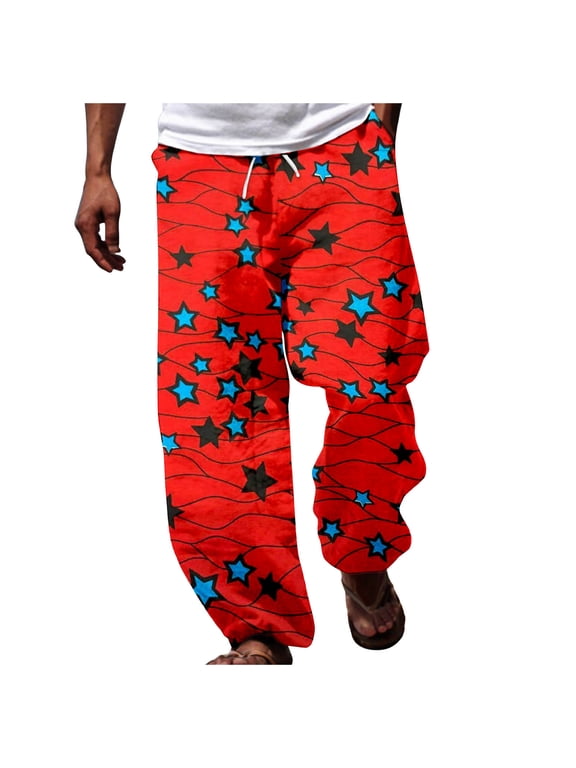 Men African Dashiki Traditional Casual Trouser Summer Holiday Ankara Beach Floral Pants Red S