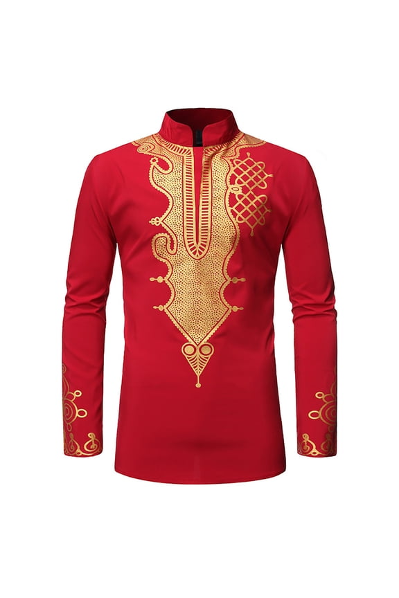 Men African Month Ethnic Characteristic Robe Stand Up Collar Button Open Collar Long Sleeve Shirt Clothes