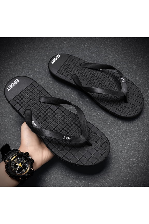 Men All Black Grid Massage Insole Thong Flip Flops Printed "SPORT" Logo Lightweight Non-Slip EVA Beach Slippers