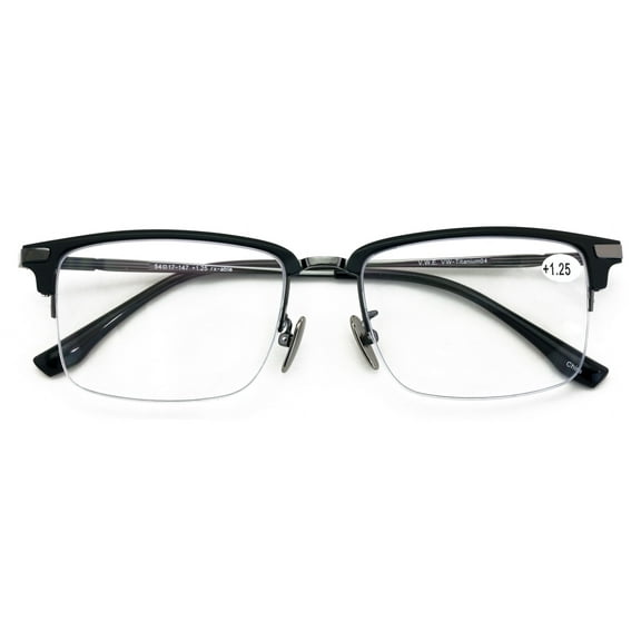 Men Aluminum Optical Frame Rectangular Reading Glasses with Titanium Temple Half Rimless 144MM Ti04 +3.00