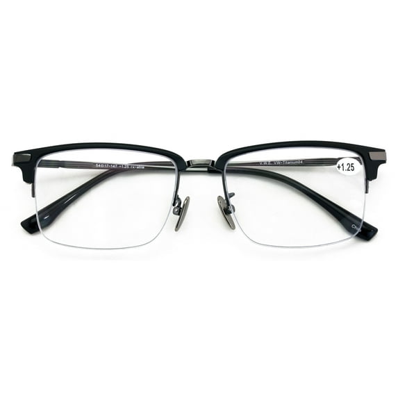 Men Aluminum Optical Frame Rectangular Reading Glasses with Titanium Temple Half Rimless 144MM Ti04 +4.00