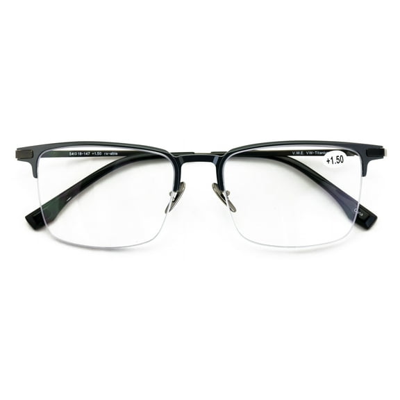 Men Aluminum Optical Frame Wide Fitment Rectangular Reading Glasses with Titanium Temple Half Rimless 145MM Ti03 +1.00