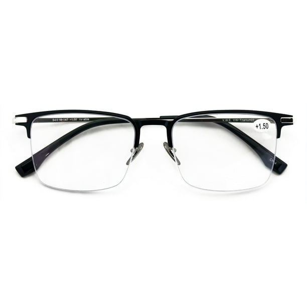 Men Aluminum Optical Frame Wide Fitment Rectangular Reading Glasses with Titanium Temple Half Rimless 145MM Ti03 2.00