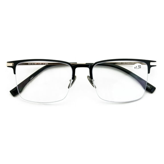 Men Aluminum Optical Frame Wide Fitment Rectangular Reading Glasses with Titanium Temple Half Rimless 145MM Ti03 +3.00