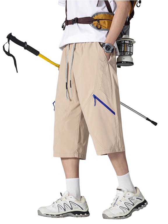 Men American Color Block Cargo Pants Outdoor Hiking Sports Retro Casual 7/8 Cropped Trousers Khaki M