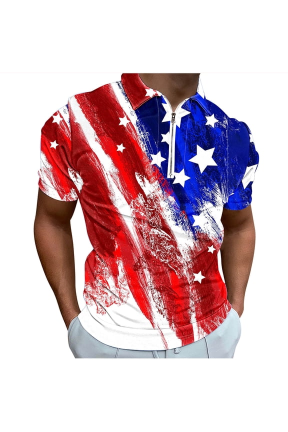 Men American Flag Shirt Independence Day Shirts for Men Red White and Blue Shirt Men Men 4th of July Shirts Memorial Day Shirts Men's Casual Printed Zippered T-Shirt with Short Sleeved Lapel Top