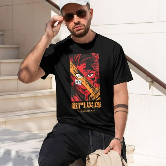 Men Anime Demon Slayer Shirt Kamado Tanjirou Print T-Shirts Cosplay Shirts Fashion Casual Shirt Black -3X-Large