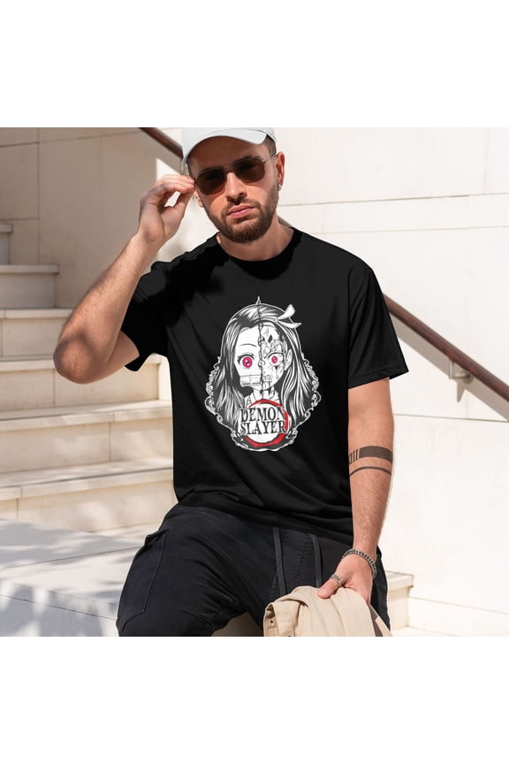 Men Anime Demon Slayer Shirt Kamado Tanjirou Print T-Shirts Cosplay Shirts Fashion Casual Shirt Black -X-Large