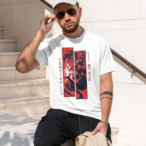 Men Anime Demon Slayer Shirt Kamado Tanjirou Print T-Shirts Cosplay Shirts Fashion Casual Shirt White -4X-Large