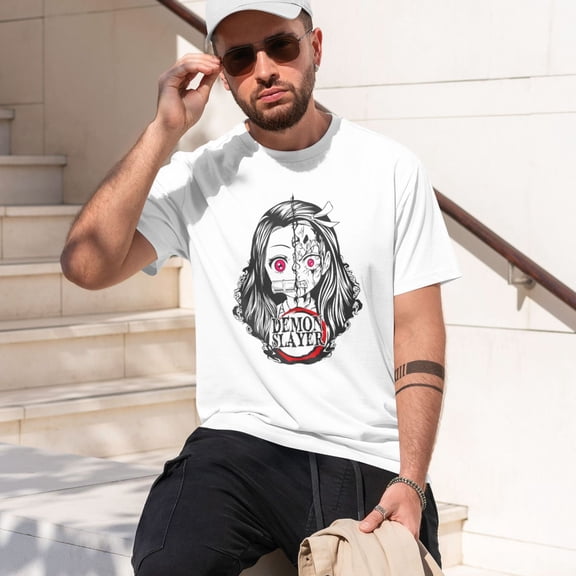 Men Anime Demon Slayer Shirt Kamado Tanjirou Print T-Shirts Cosplay Shirts Fashion Casual Shirt White -Medium