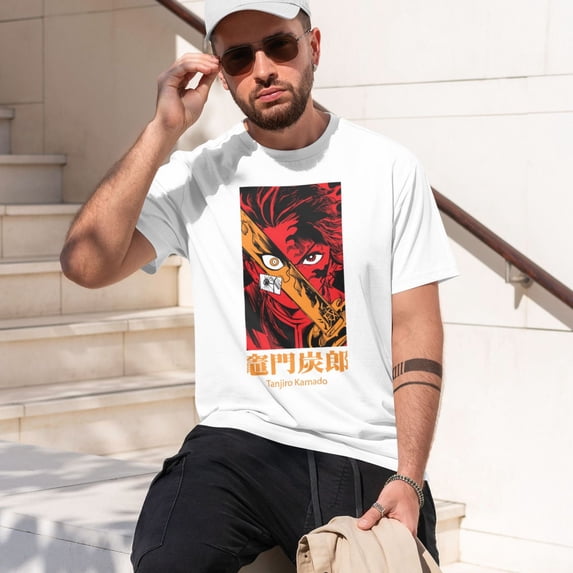 Men Anime Demon Slayer Shirt Kamado Tanjirou Print T-Shirts Cosplay Shirts Fashion Casual Shirt White -Medium