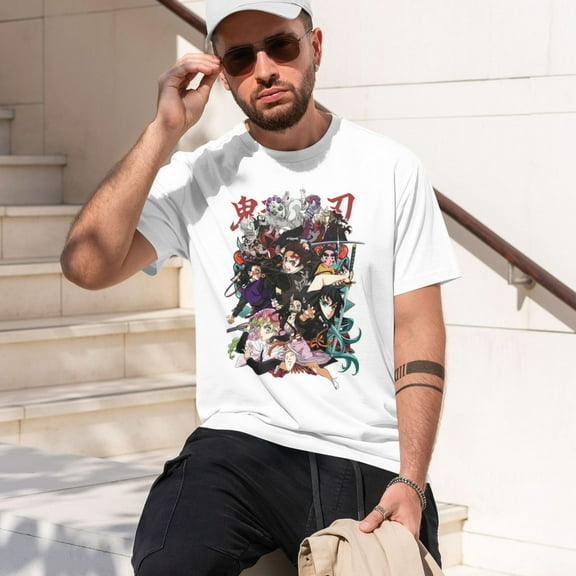 Men Anime Demon Slayer Shirt Kamado Tanjirou Print T-Shirts Cosplay Shirts Fashion Casual Shirt White -Small