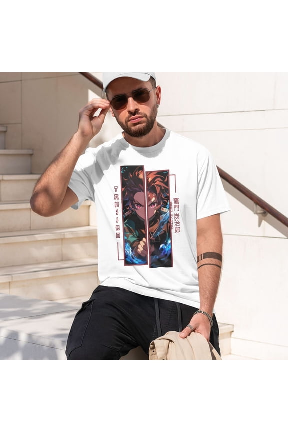 Men Anime Demon Slayer Shirt Kamado Tanjirou Print T-Shirts Cosplay Shirts Fashion Casual Shirt White -X-Large