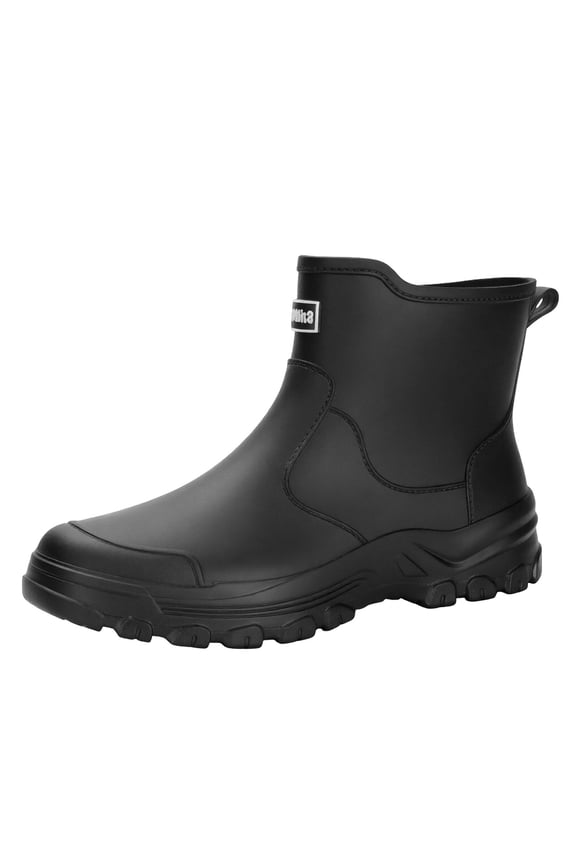 Men Ankle Rubber Rain Boots Wear Resistant Fully Waterproof Anti-Slip Deep Lug Sole Short Wellies Durable Outdoor Footwear for Fishing, Rainy Mens Walking Shoes Black 8(40)