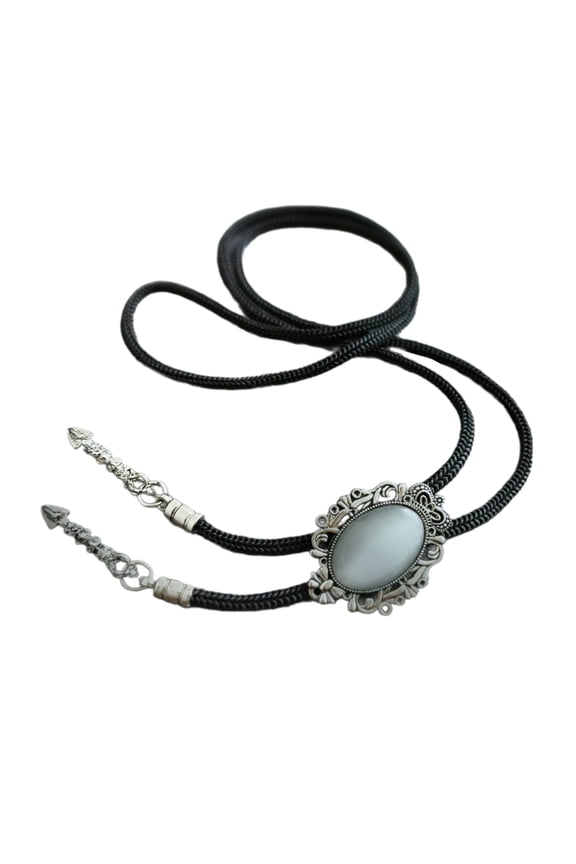 Men Antique Stone Feathered Pendant Bolotie Adjustable Braided Rope Necktie Necklace Shirt Collar Chain Jewelry Neckwear