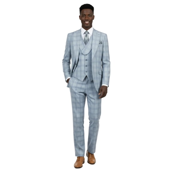 Men Apollo King 3pc Suit Window Pane Plaid 100% Soft Wool Super 150 #985-12 Blue
