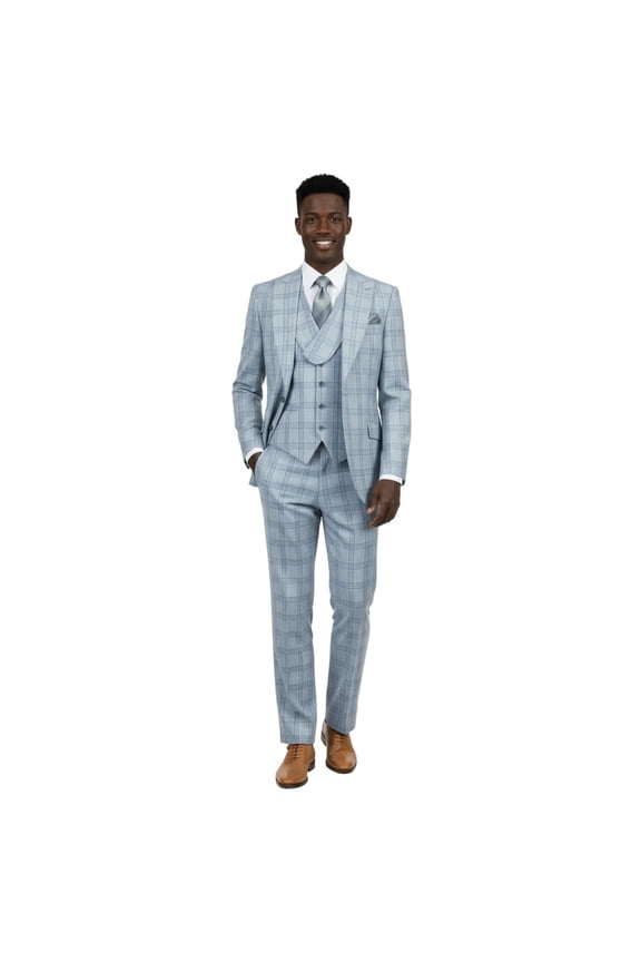 Men Apollo King 3pc Suit Window Pane Plaid 100% Soft Wool Super 150 #985-12 Blue