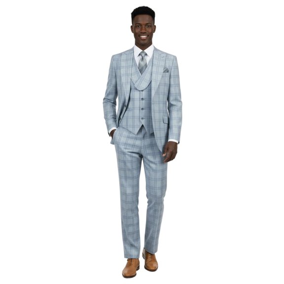Men Apollo King 3pc Suit Window Pane Plaid 100% Soft Wool Super 150 #985-12 Blue