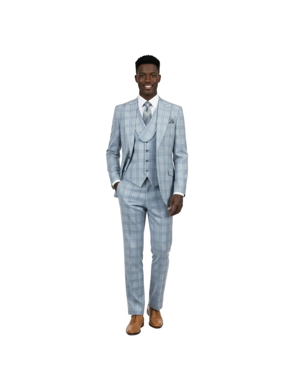 Men Apollo King 3pc Suit Window Pane Plaid 100% Soft Wool Super 150 #985-12 Blue