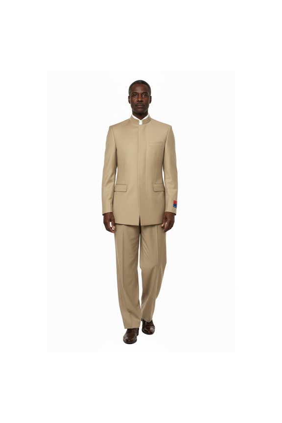 Men Apollo King Band Collarless Church Suit Mandarin 5 Hidden Buttons AG57 Tan