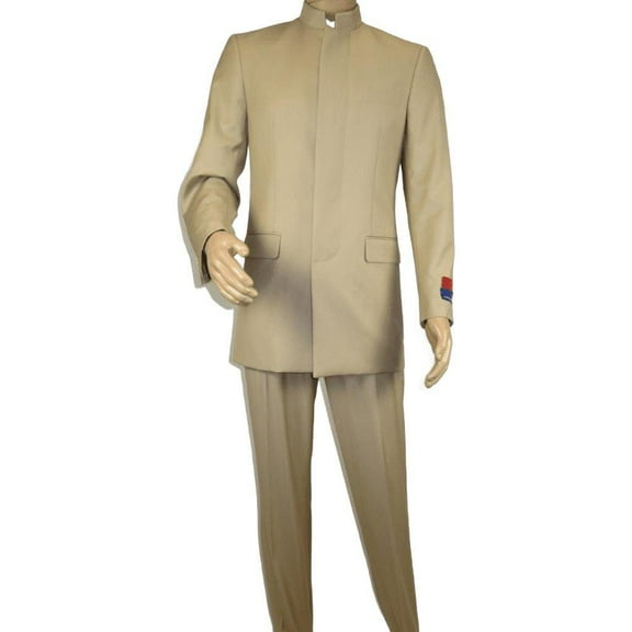 Men Apollo King Band Collarless Church Suit Mandarin 5 Hidden Buttons AG57 Tan