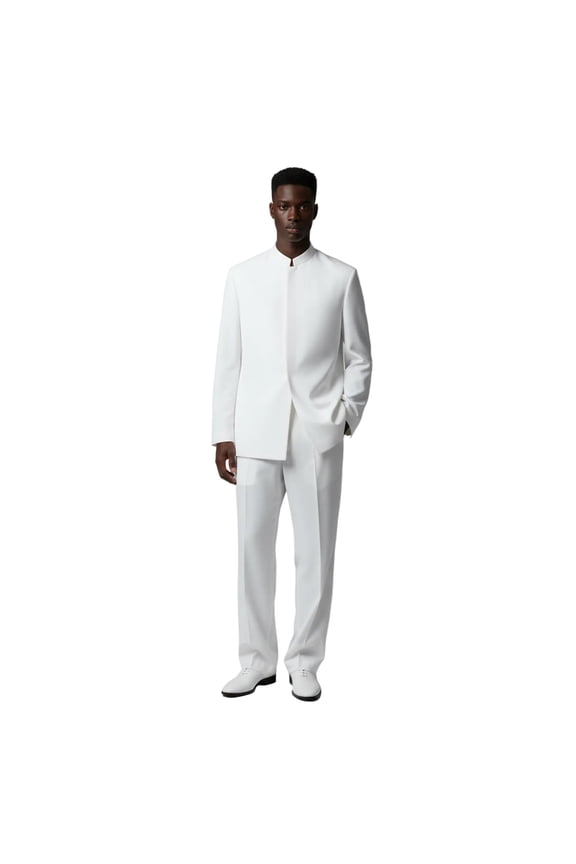 Men Apollo King Band Collarless Church Suit Mandarin 5 Hidden Buttons AG58 White