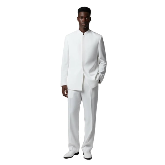 Men Apollo King Band Collarless Church Suit Mandarin 5 Hidden Buttons AG58 White