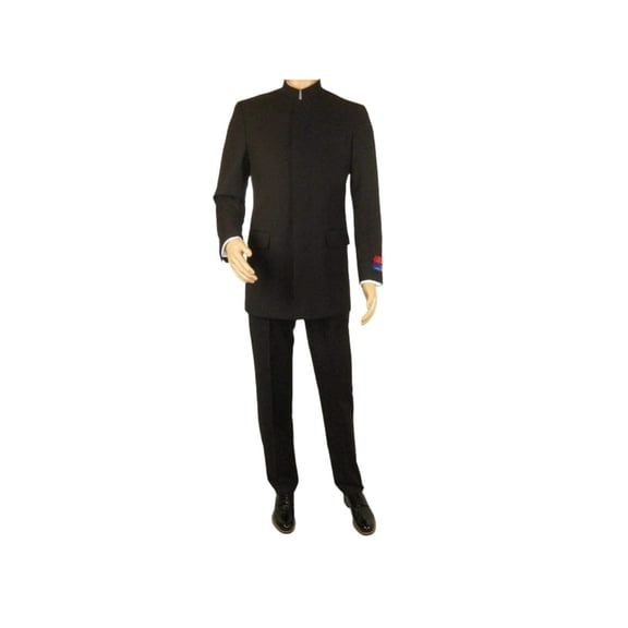 Men Apollo King Band Collarless suit Mandarin 5 Hidden Button Paster AG51 Black