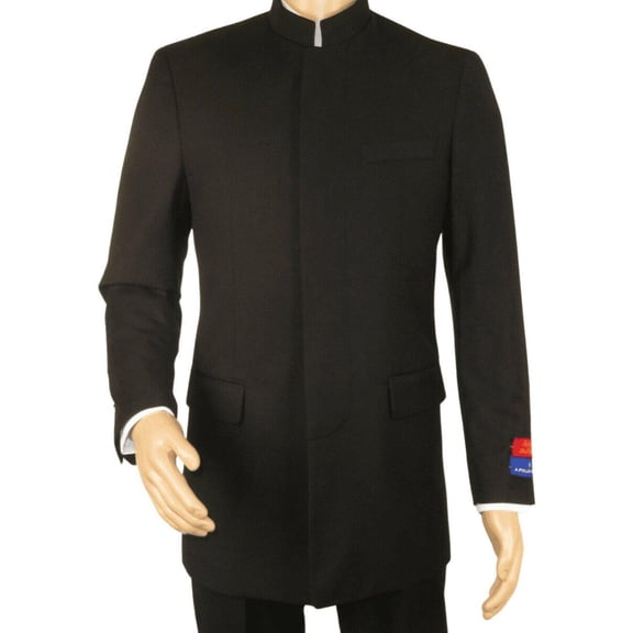 Men Apollo King Band Collarless suit Mandarin 5 Hidden Button Paster AG51 Black