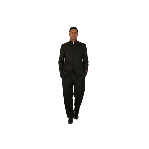 Men Apollo King Band Collarless suit Mandarin 5 Hidden Button Paster AG51 Black