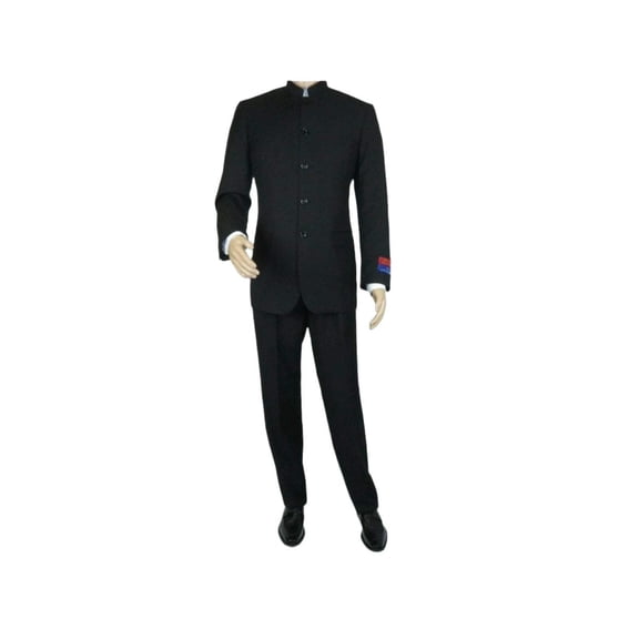Men Apollo King Banded Collarless suit Mandarin 5 Button Wide leg M5-1 Black