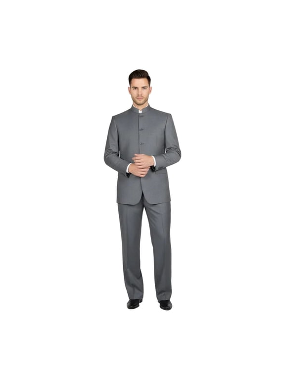Men Apollo King Banded Collarless suit Mandarin 5 Button Wide leg M5-3 Gray New